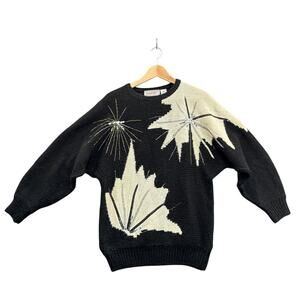 Maurada Vintage Black Silver White Starburst Tunic Sleeve Sweater Women Medium